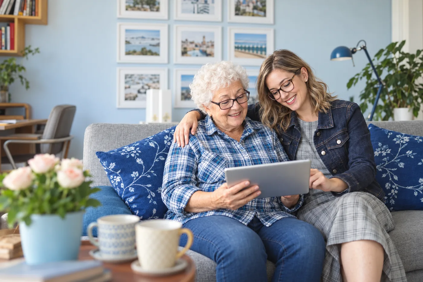 A grandmother and granddaughter sharing a tablet.